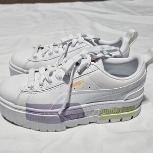 Puma Mayze chunky sneakers in white with lilac detail